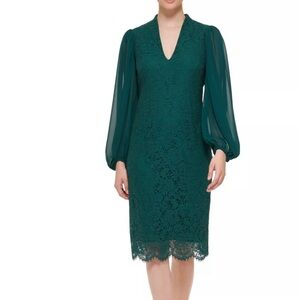 Vince Camuto Dark Green Lace Chiffon Long Sleeve V-Neck Dress